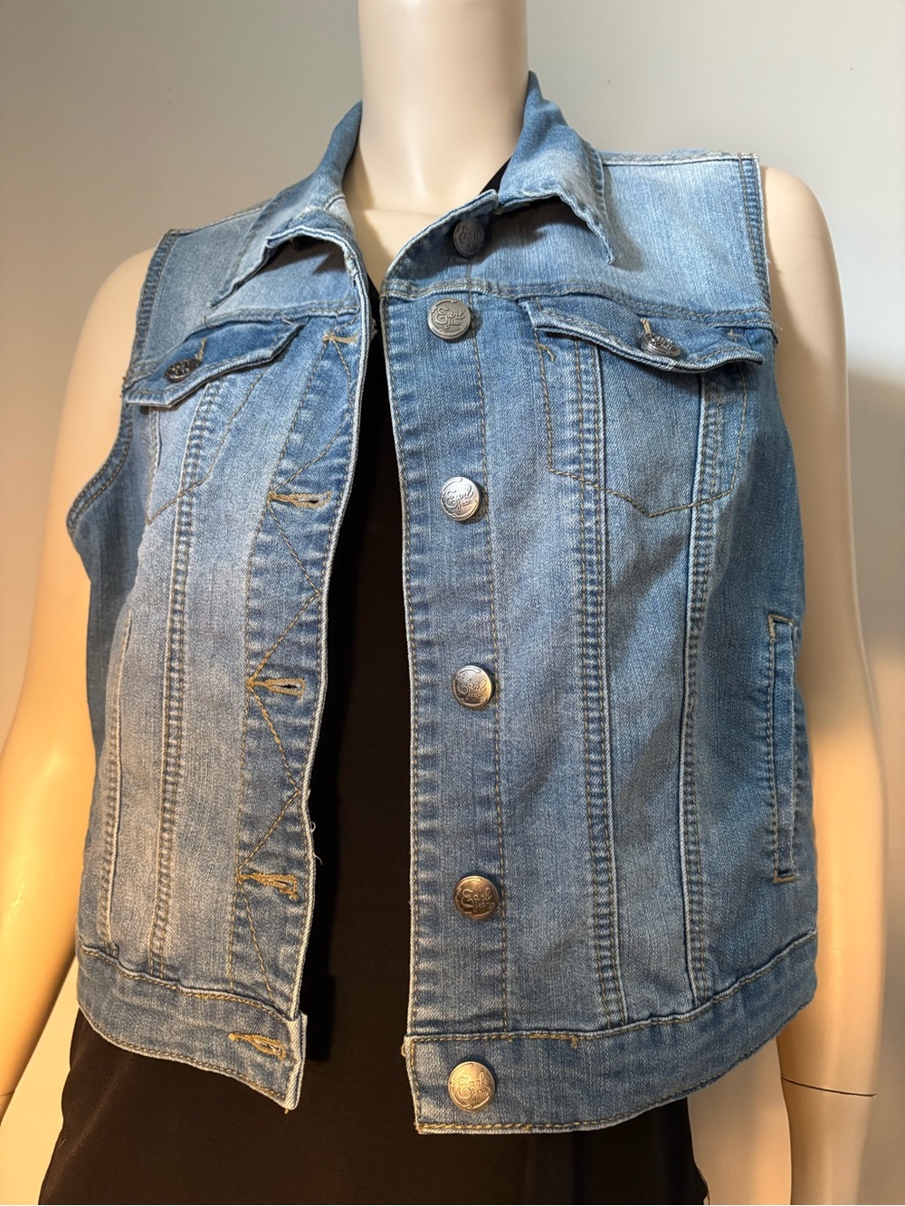 Vintage Earl Jean Classic Light Wash Denim Trucker Vest. Y2K, Women’s Sz L.